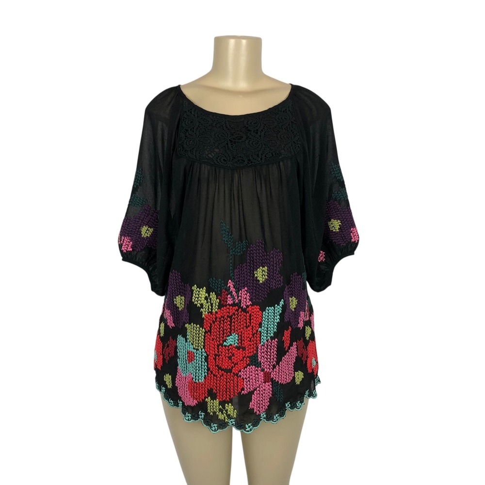 Anthropologie Hazel Crochet Floral Embroidered Tunic Top Blouse Boho FLAWS!